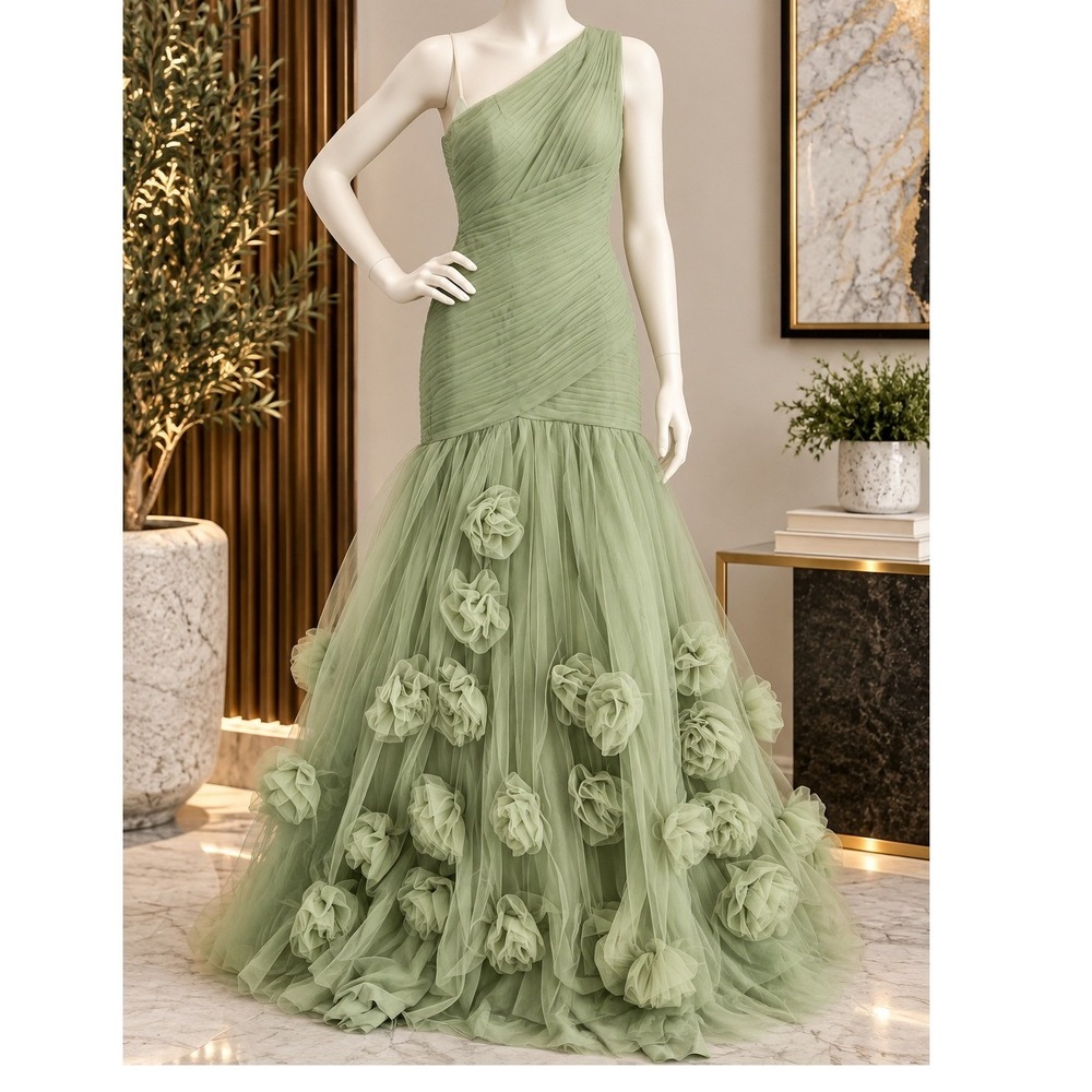 Dreamylily Womens Gown One Shoulder 3D Floral Tulle Mermaid Sage Green Large